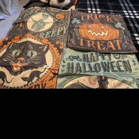 Set of 4 Vintage retro Halloween pumpkin cat 18x18 Pillow Covers - Picture 2 of 5